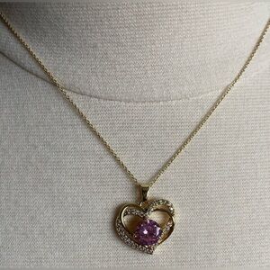 Gold Heart Pendant Necklace with Pink Stone